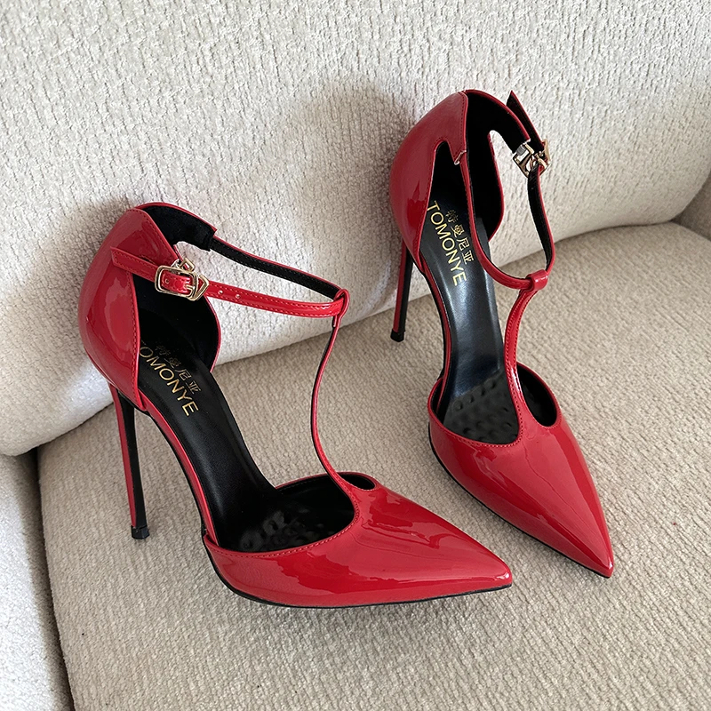 TOMONYE Red Deep Dark Blue Patent Leather  Ankle T Strap High Heel Women Lady Summer Sexy Evening Dress Shoes Pump On Sale