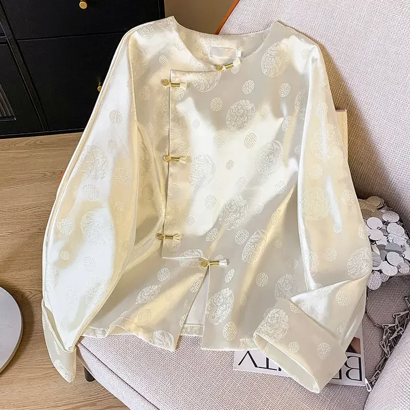 

Chinese style national style buckle 2024 autumn jacquard satin shirt Tang suit improved outerwear top advanced bottoming shirt