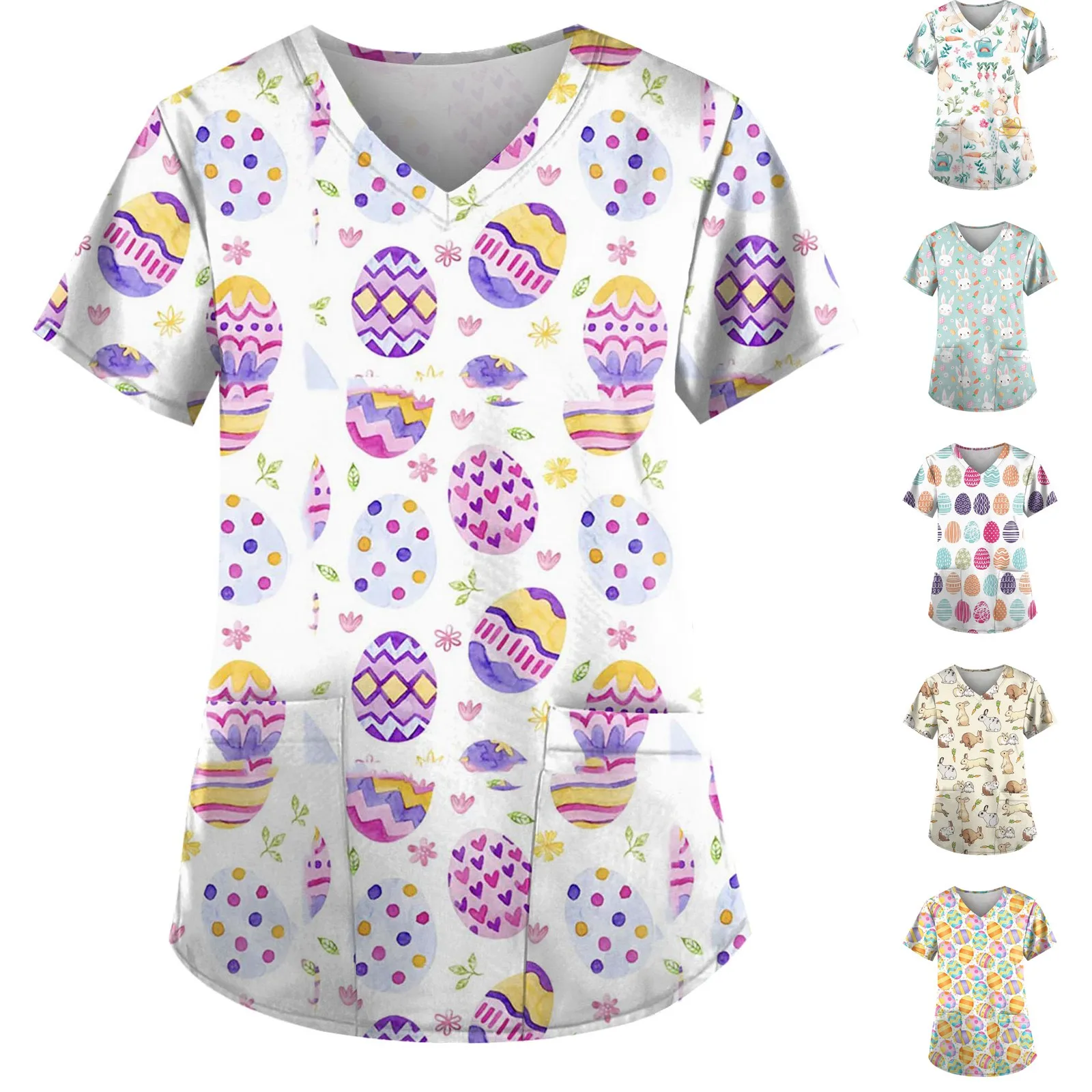 Easter Womens Scrub Uniform Tops 2024 Short Sleeve V Neck Rabbit Egg Printed Top Nursed Working T Shirts Blouse With Pockets