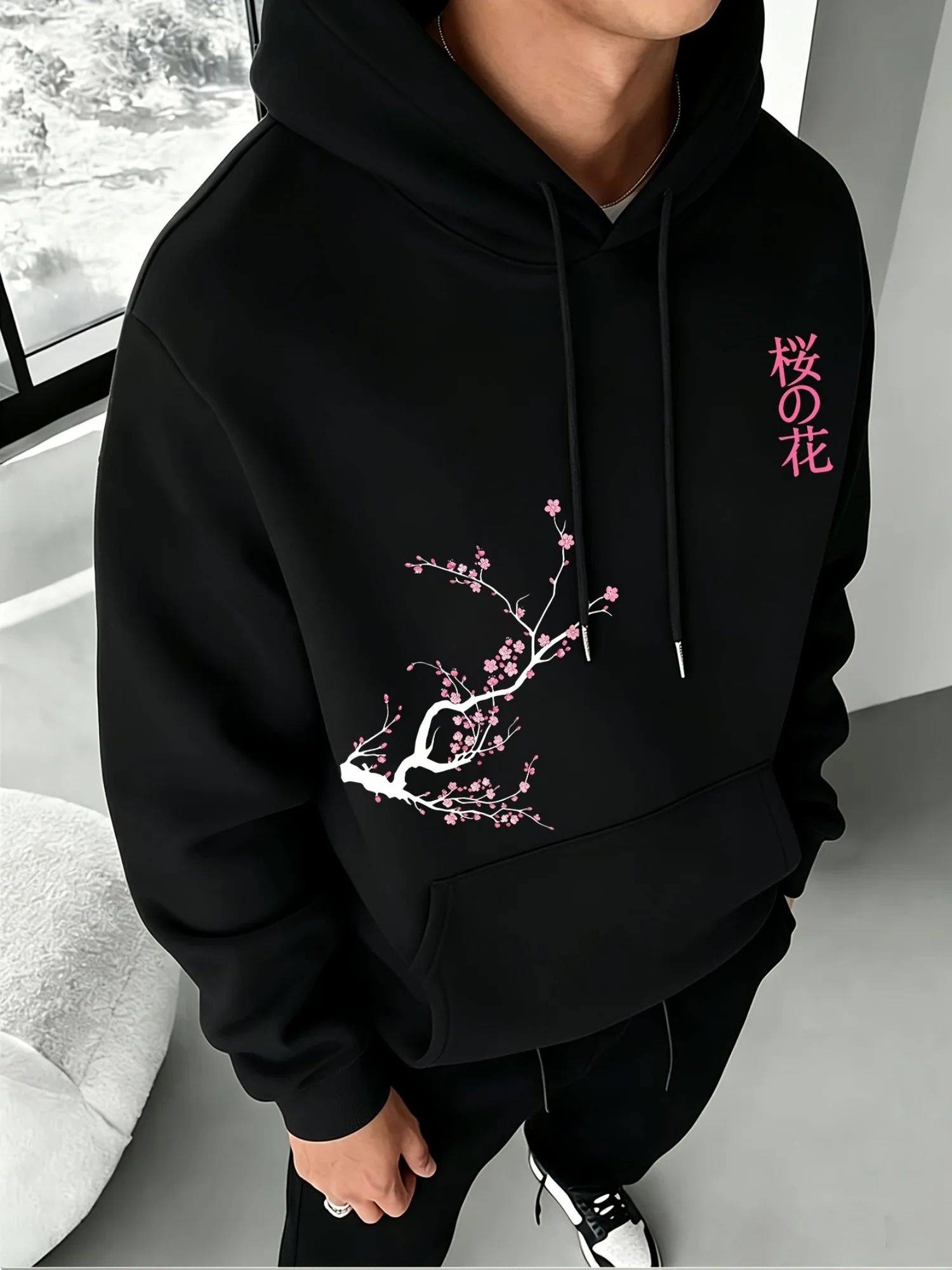 Moletom Masculino de Lã com Estampa de Flor de Cerejeira Sakura Japonesa, Quente para o Inverno, Roupa Esportiva, Blusão Solto para Treino