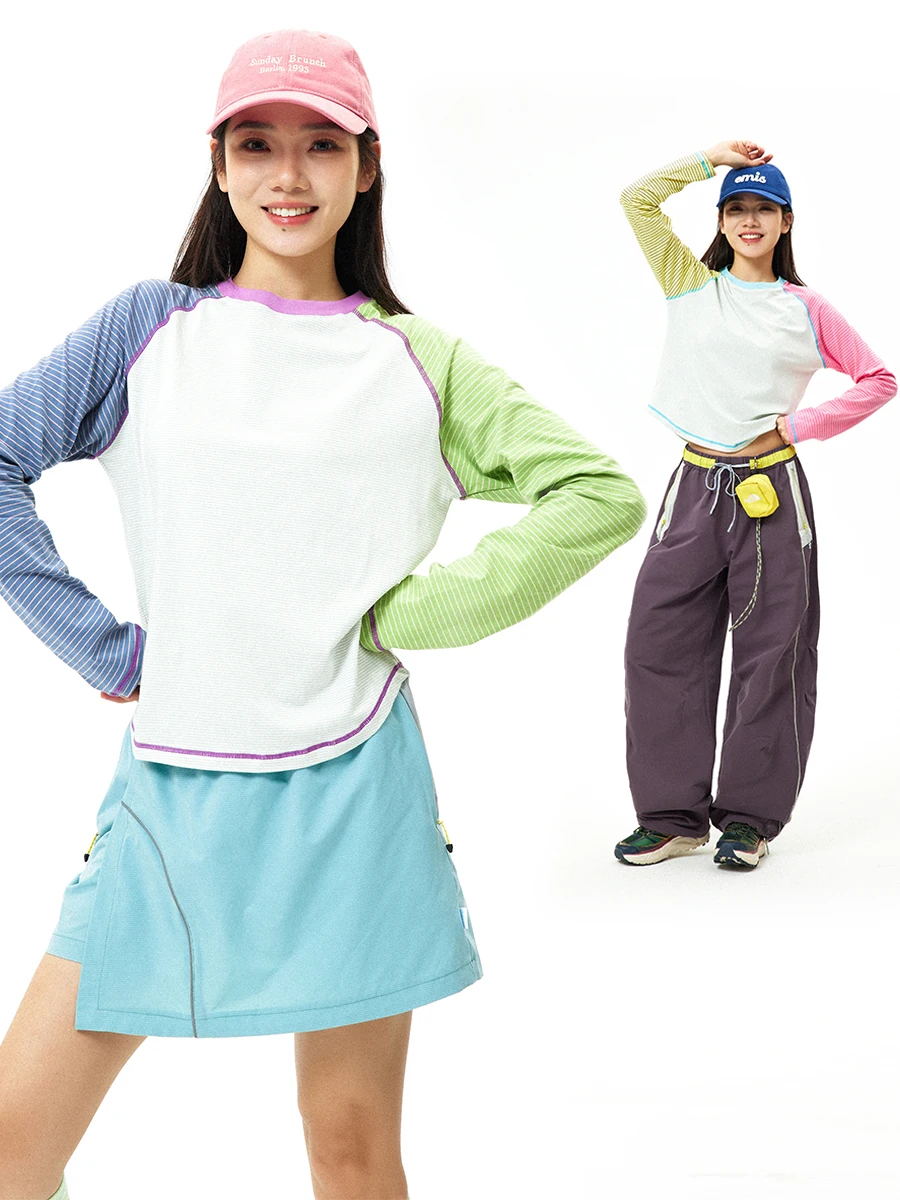Spring Summer Outdoor Adventure Long Sleeve T-Shirt Skin-friendly Sport Top Striped Casual Loose Fit Sweat-wicking Anti-Wrinkle