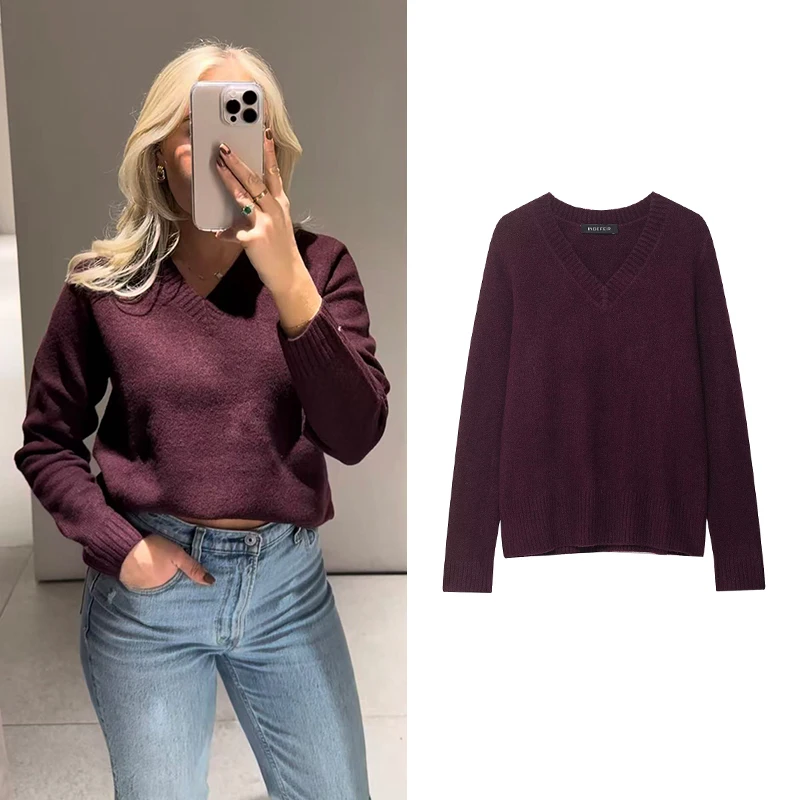 

TFMLN Women Autumn Burgundy Knitted Pullover Sweater 2025 Casual Long Sleeve Vintage Knitted V-Neck Outwear