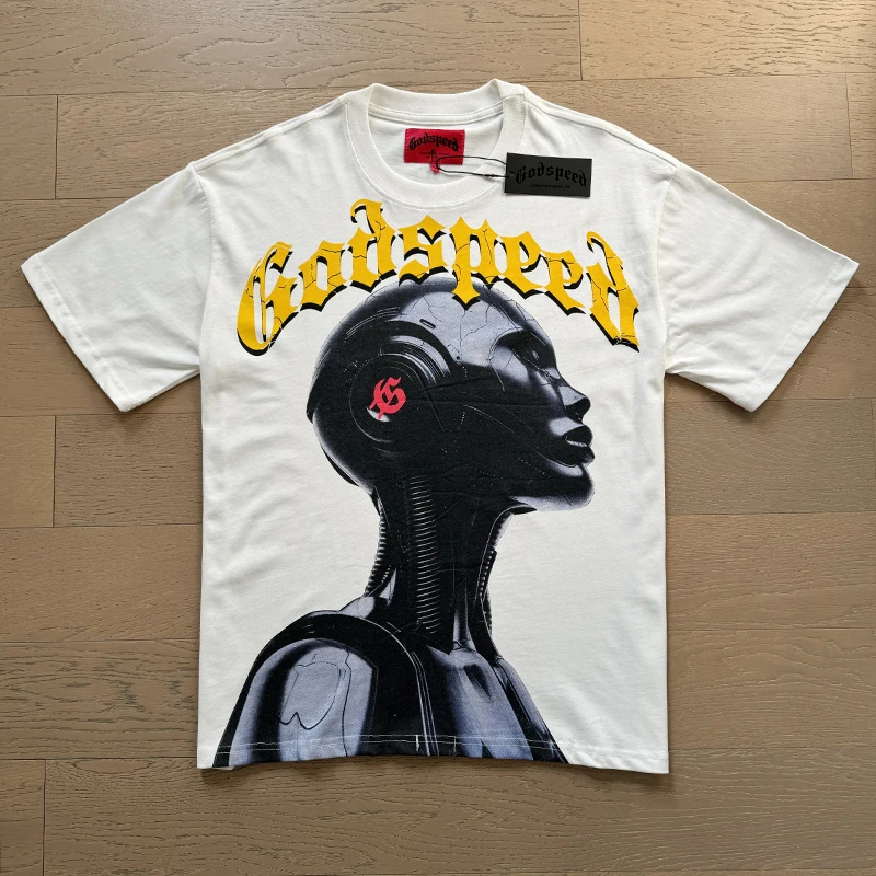 High Street GOD SPEED Printed T-shirt Men and Women White Apricot Summer Y2K Tops Couples Godspeed Short Sleeve