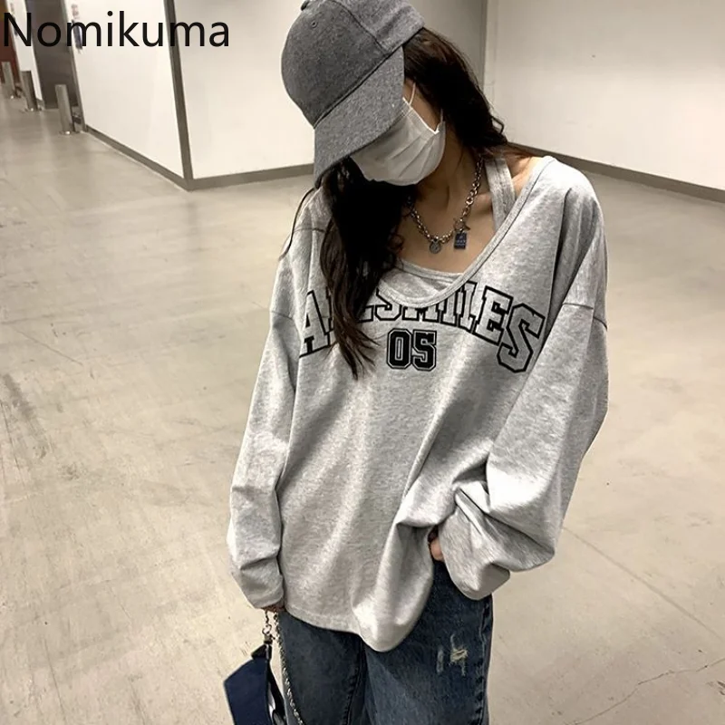 Sudaderas Spring Autumn Sweatshirt Halter Letter Print Loose 2 Piece Aesthetic Hoodies Women Retro Fashion Casual Y2k Streetwear