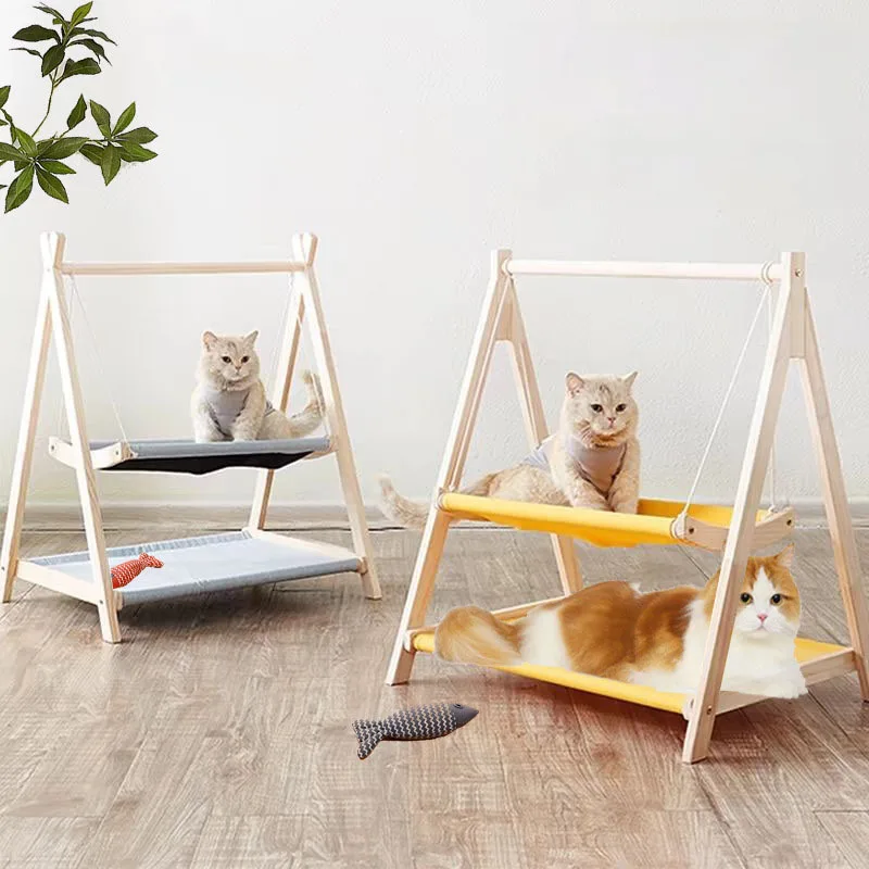 

Cat Swing Hanging Bed Indoor Bunk Cat Hammock Bed Dual-Layer Wooden Pet Hammock Wooden Elevated Cat Climbing Frame Cat Supplies