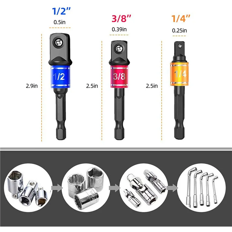 ABRW-3 Set Set di punte per cacciavite con codolo esagonale per prolunga flessibile per trapano, set di adattatori per presa universale da 9 pezzi, punta per cacciavite