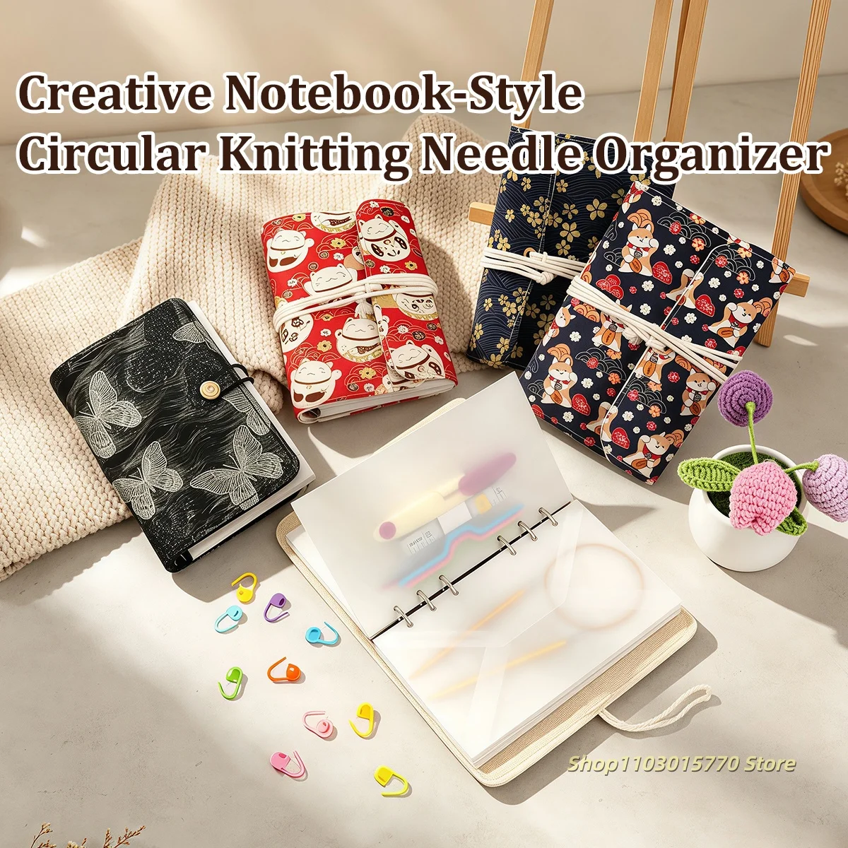 Embroidery Paper - Kreative Notizbuch-ähnliche Runde Stricknadel-Aufbewahrungstasche mit 20