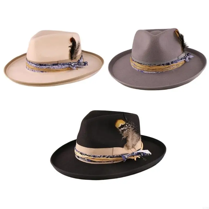 

L5YA Western Styles Fedoras Hat With Roll Brim And Feathered Jazzy Hat For Formal Parties and Daily Wear Women Men Unisex