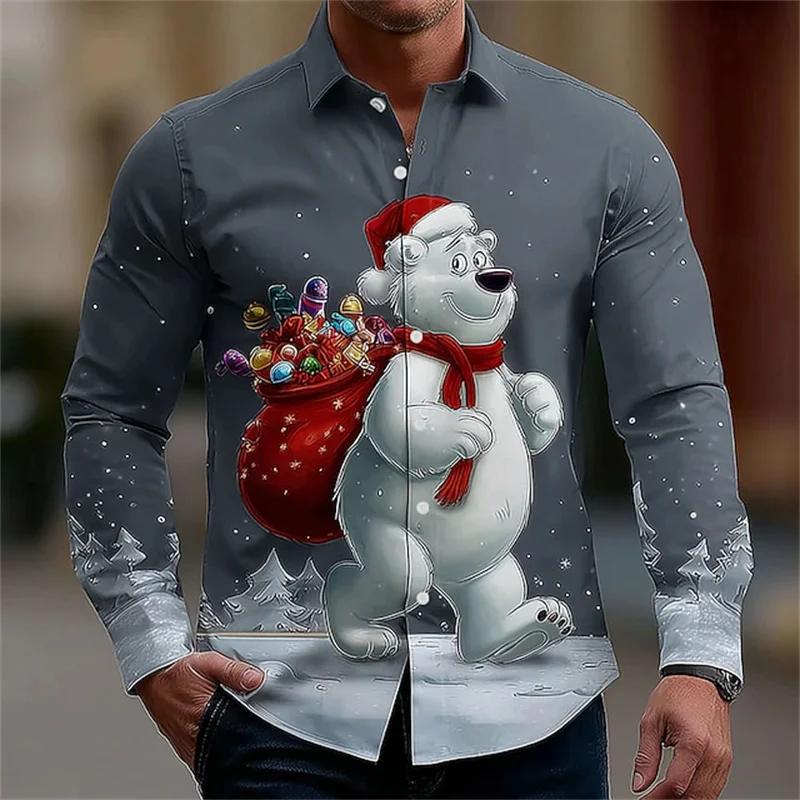 

Christmas Men's Bear Snowman Christmas Gift Shirt Long Sleeve Fun Outdoor Festival Spring and Autumn Lapel 3D Printed Lapel Shir