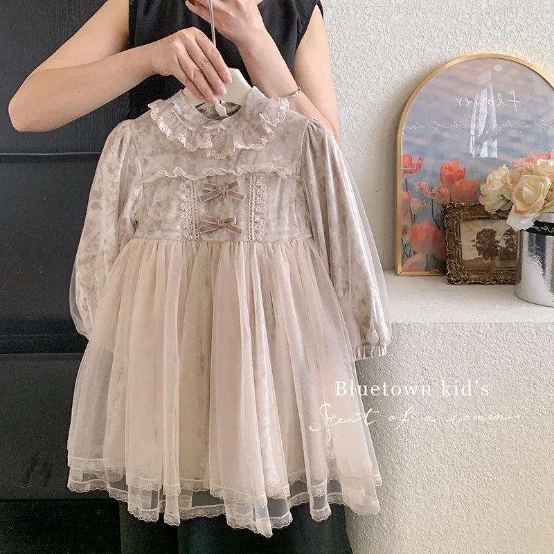 

Girls' Winter New Fleece-Lined Lace Bow Velvet Mesh Stylish Princess Dress