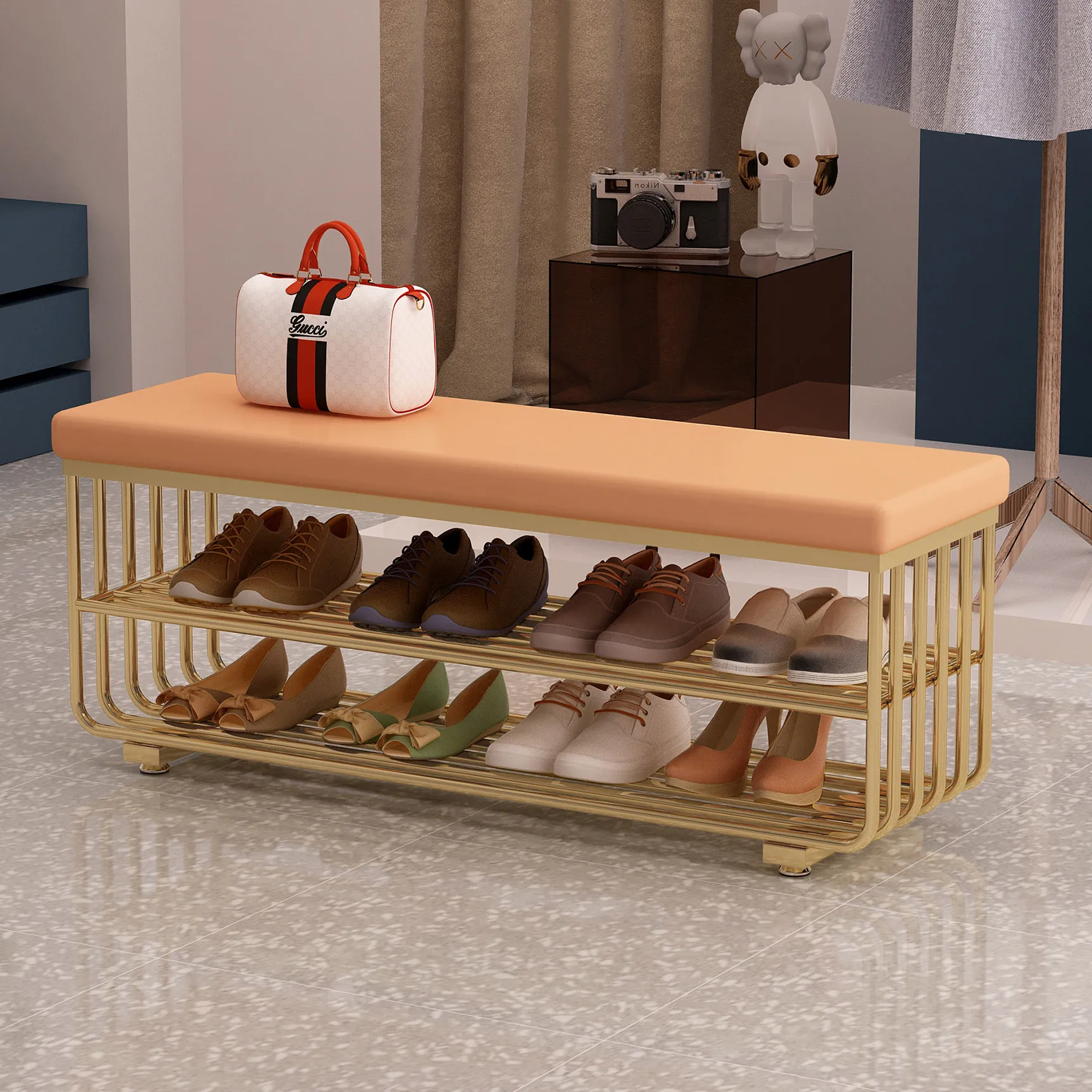 Shoe changing stool, home door can be sitting, shoe wearing, door soft wrap, long sofa stool, light luxury, entrance entrance