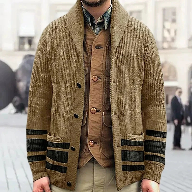 

New men's elegant and fashionable versatile thick cardigan knitted sweater with a lapel and long sleeved sweater jacket