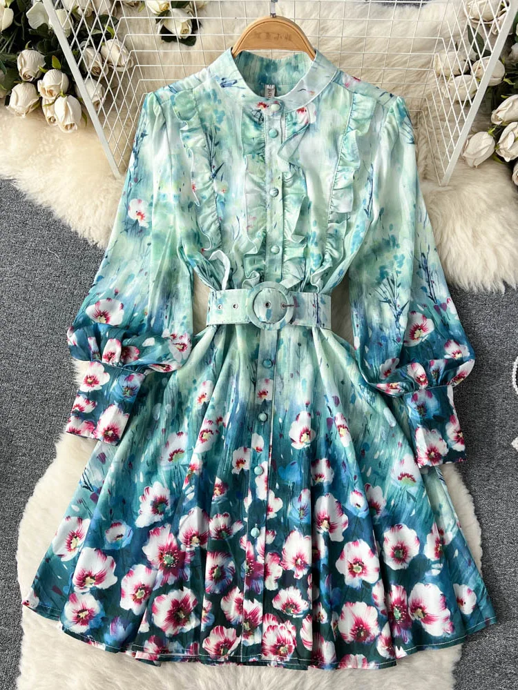 ALPHALMODA 2023 Spring New Floral Frill Long-sleeved Belted Sweet Women Dress Ladies Elegant Fashion Seasonal Outfit