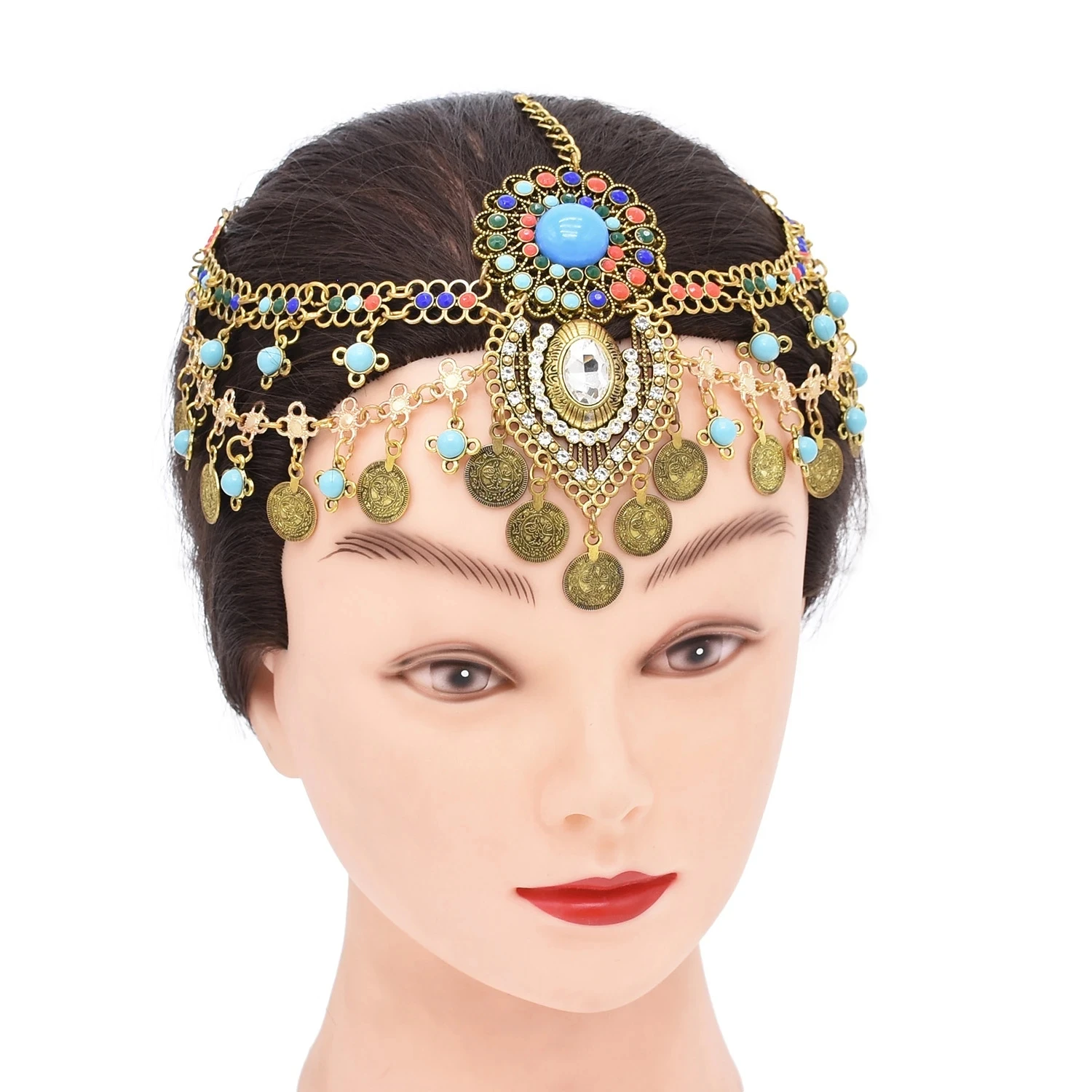 Retro Gypsy Afghan Coin Tassel Headwear Hair Accessories for Women Crystal Acrylic Flower Ethnic Tribe Forehead Hair Jewelry