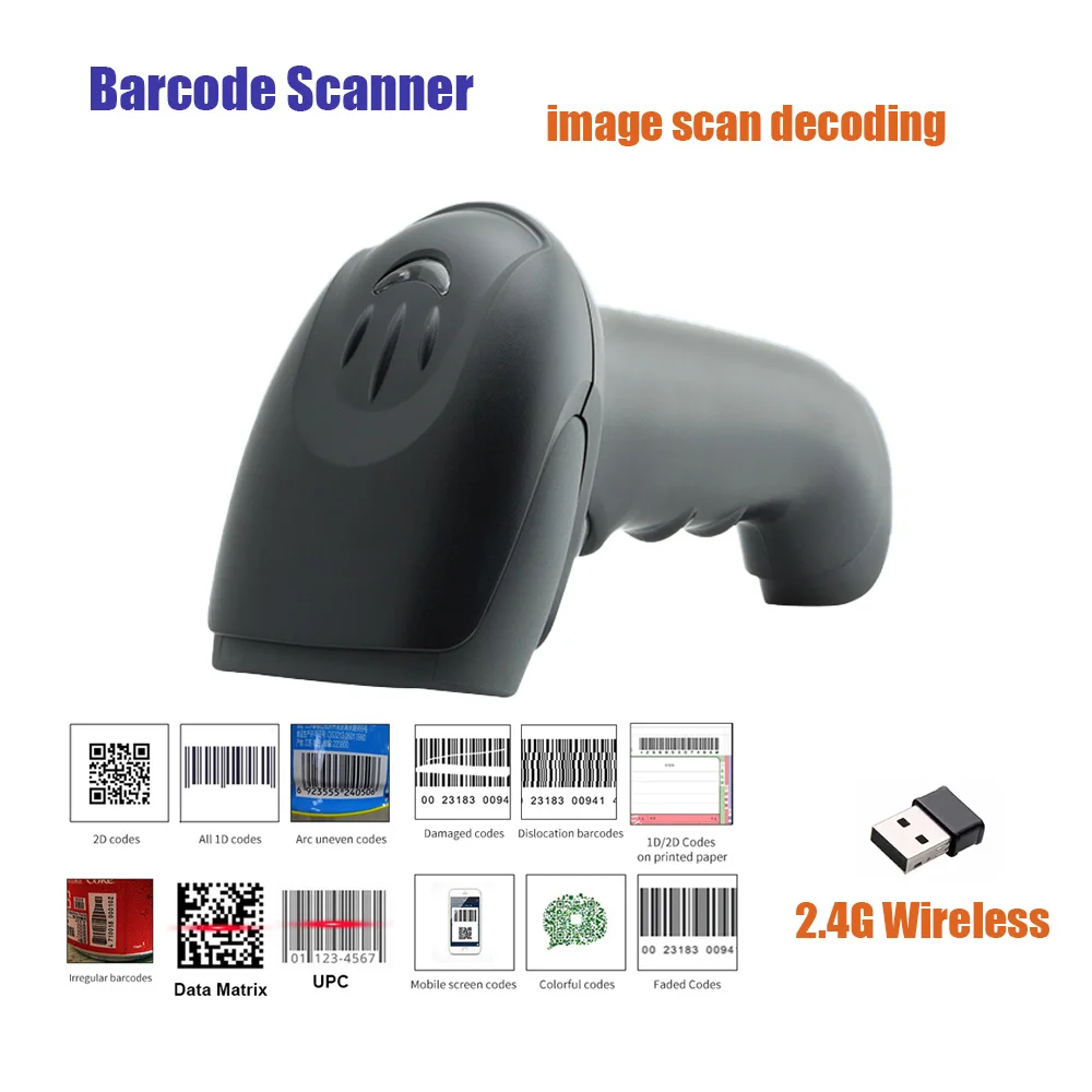 

2D Barcode Scanner 1D 2D QR code PDF417 2.4GHZ Wireless Handheld Data matrix Bar code Reader USB for Store Supermarket Payment