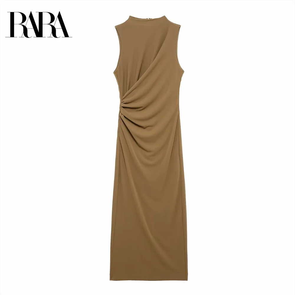 

2025 RARA pleated design sleeveless solid color temperament elegant waist straight dress long skirt women's clothing