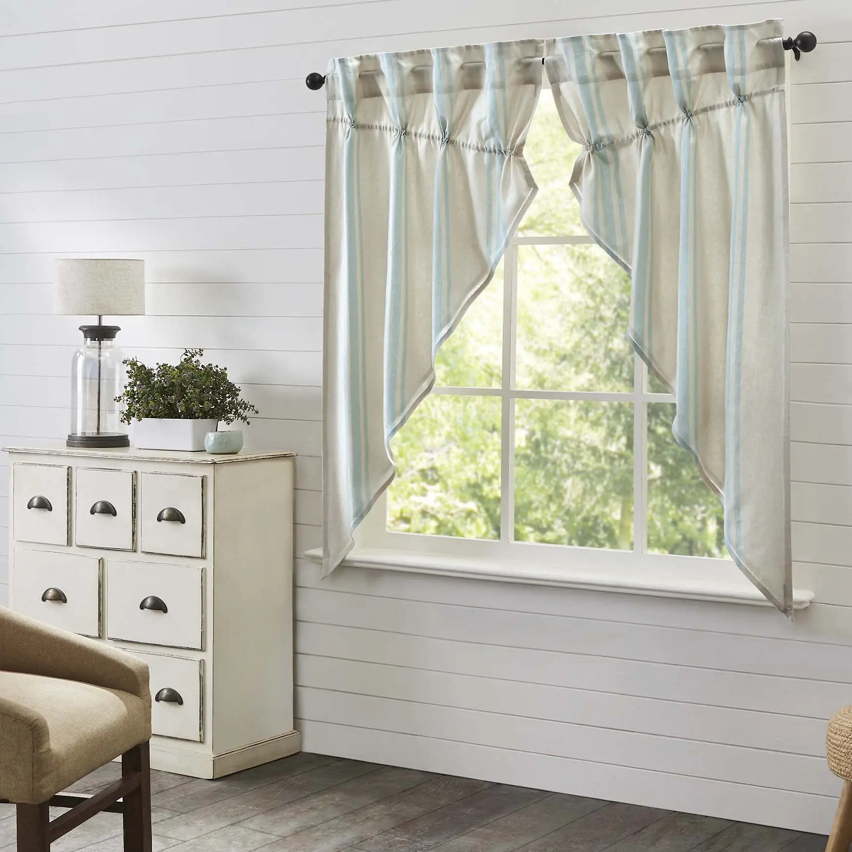 Grain Sack Aqua Blue Stripe Coastal Farmhouse Prairie Short Panel Curtain Set 63x36x18