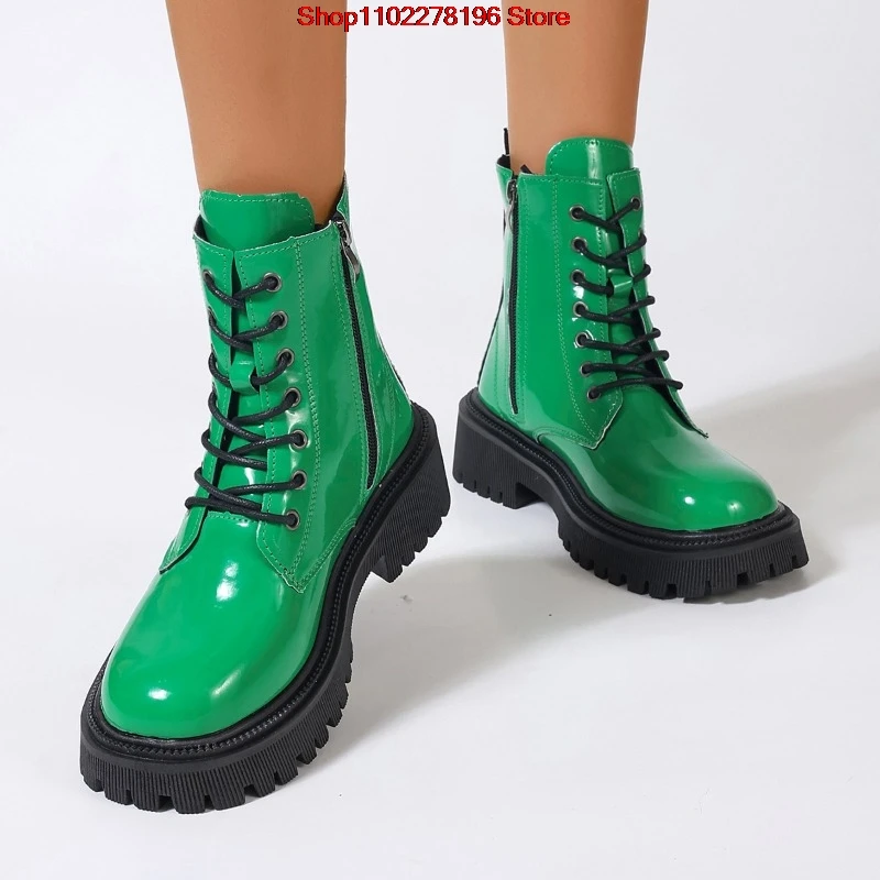 Autumn winter British Style Patent Leather Square Heel Lace-up Low-top Women's Boots Motorcycle Boots Short Boots