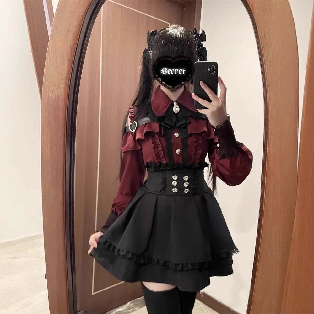 

Jirai kei Outfit Lolita Girls Shirt Skirt Set Women Kawaii Bow Long Sleeve Y2K Casual Aesthetic Shirt Japanese Style Women