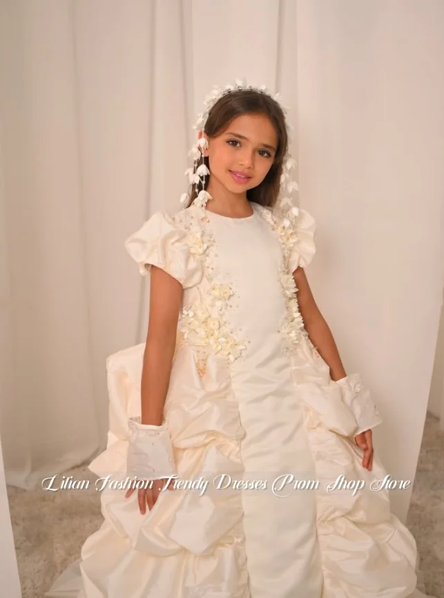 Customized Ivory Bud-Print Puffy Flower Girl Dress 3D Floral-Print Ruffle Birthday Dress Children's Party Dress 2026