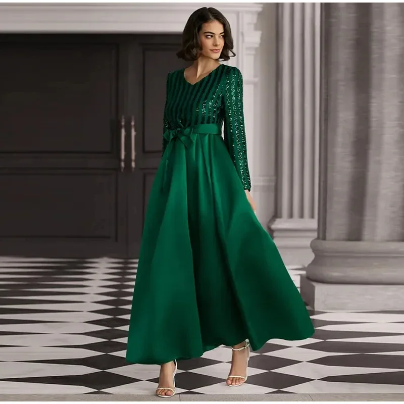 

Elegant Sparkly Evening Long Dress Women 2023 Long Sleeve V-neck Lace Up Female Prom Dresses Lady Temperament A-line Party Robes