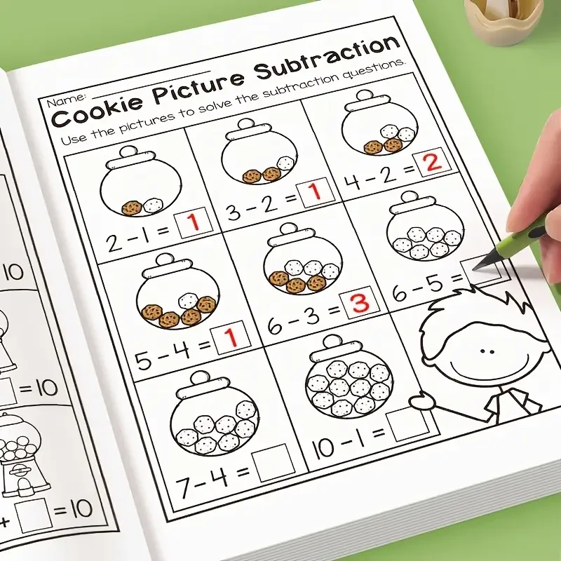 مصنف تعلم الرياضيات التفاعلي مكون من 32 صفحة مع أوراق عمل إضافة وطرح، وألغاز كلمات متقاطعة للأطفال من سن 5 إلى 8 سنوات