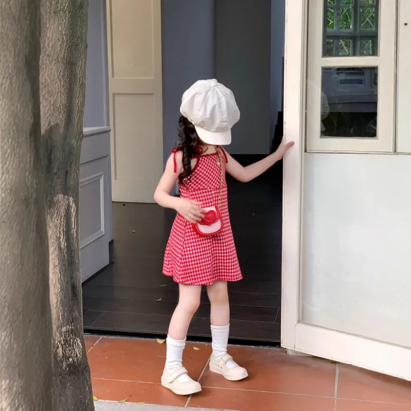 

Summer New Girls' Brightening Red Plaid Tie Strap Dress Fashionable