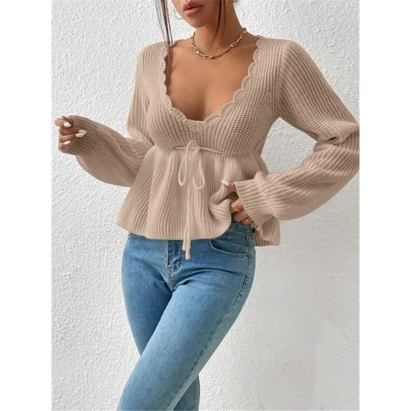 Women's Casual Clothes Loose Drawstring Lace Up Ruffle Sweater Temperament Commuting New Spring Female Fashion Knitted Pullover