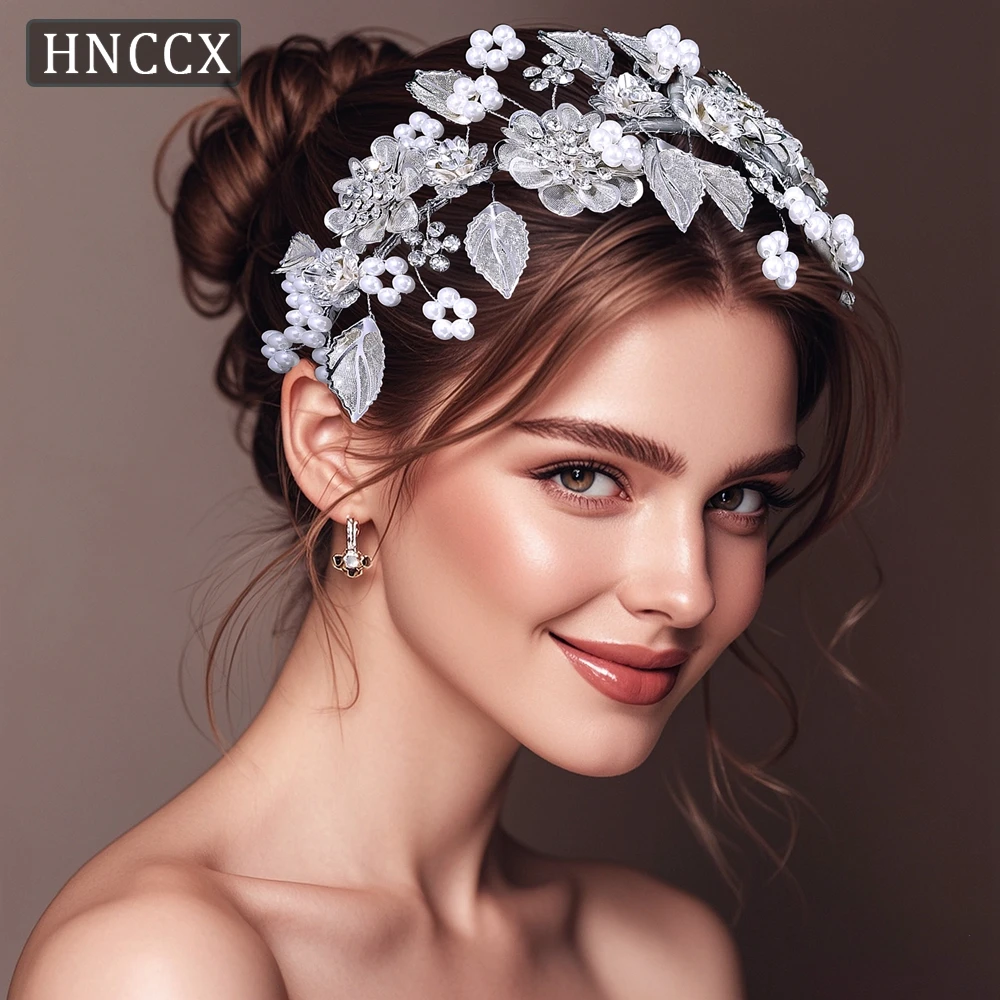 HNCCX Silver Color BrIde Hair Hoop Wedding Flower Hair Jewelry Handmade Pearl Headband Women Party Hair Style Accessories CP790