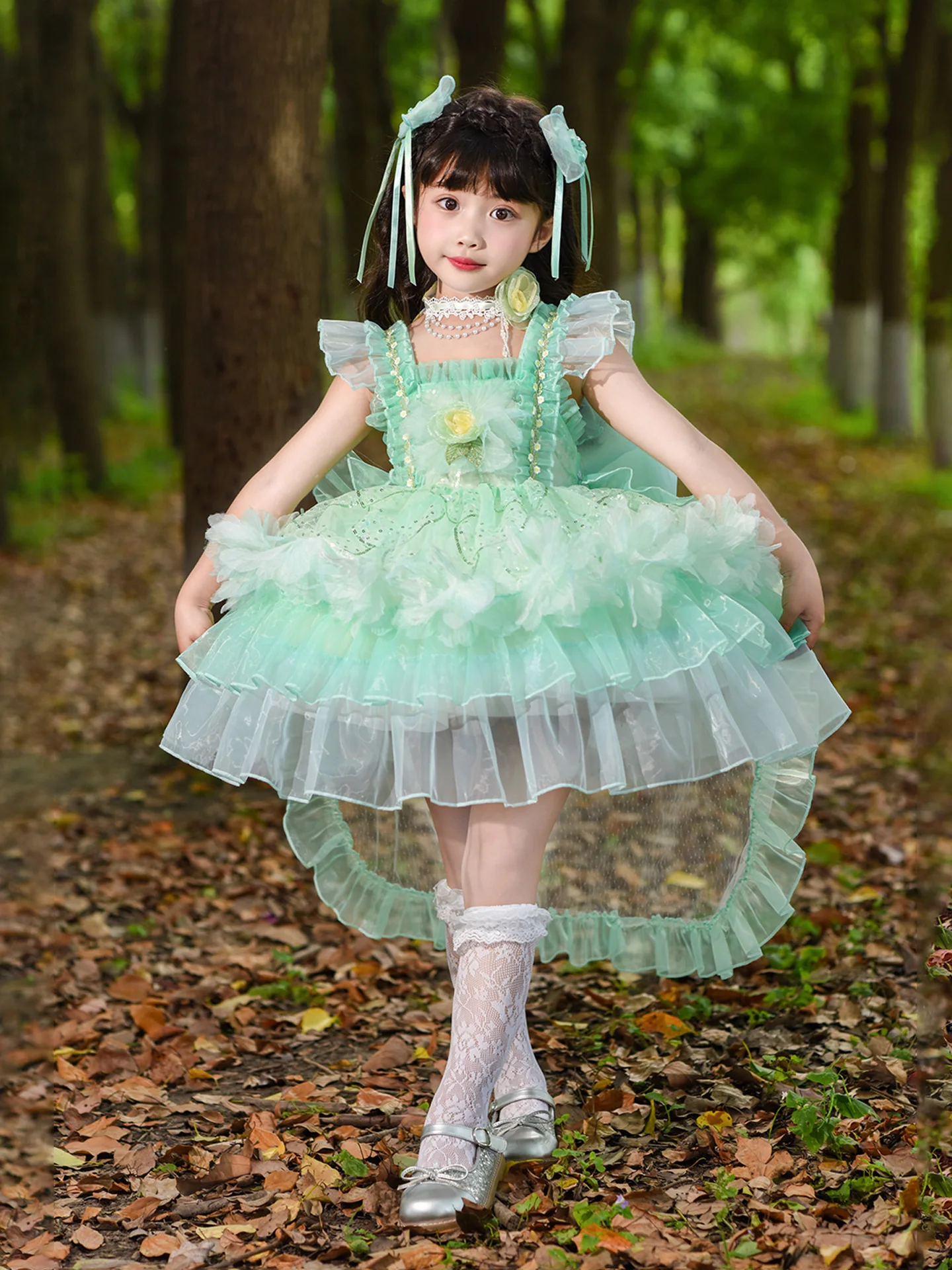 Vestido de Aniversário Estilo Princesa Verde Lolita com Saia de Tule e Bordado Floral para Meninas