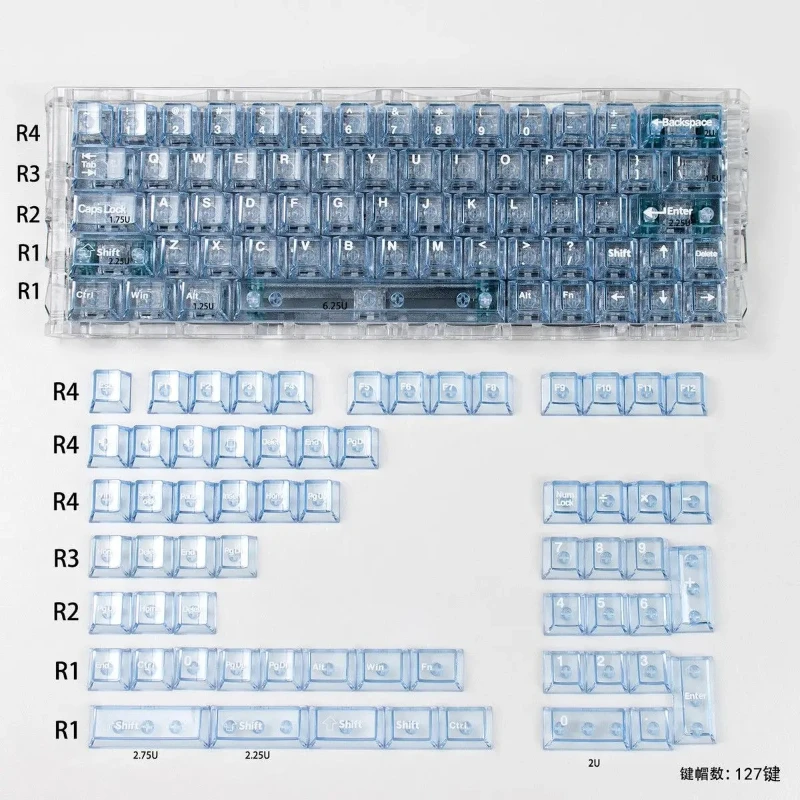 Transparent Broken Ice Blue Keycap Set PC Pad Printing Custom Keycaps for Mechanical Keyboard Caps Mad60/WIN60/ace60 DIY PC Gift