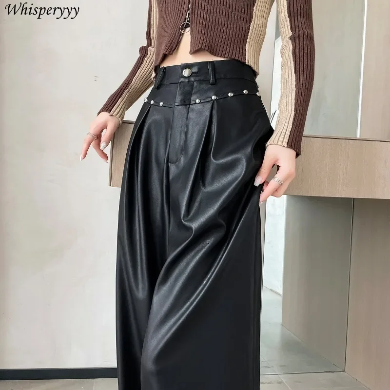 Brown Wide-leg Pants Wome Autumn New Hip Hop Loose PU Leather Straight Trousers Casual Streetwear Rivet Pantalon Mujer