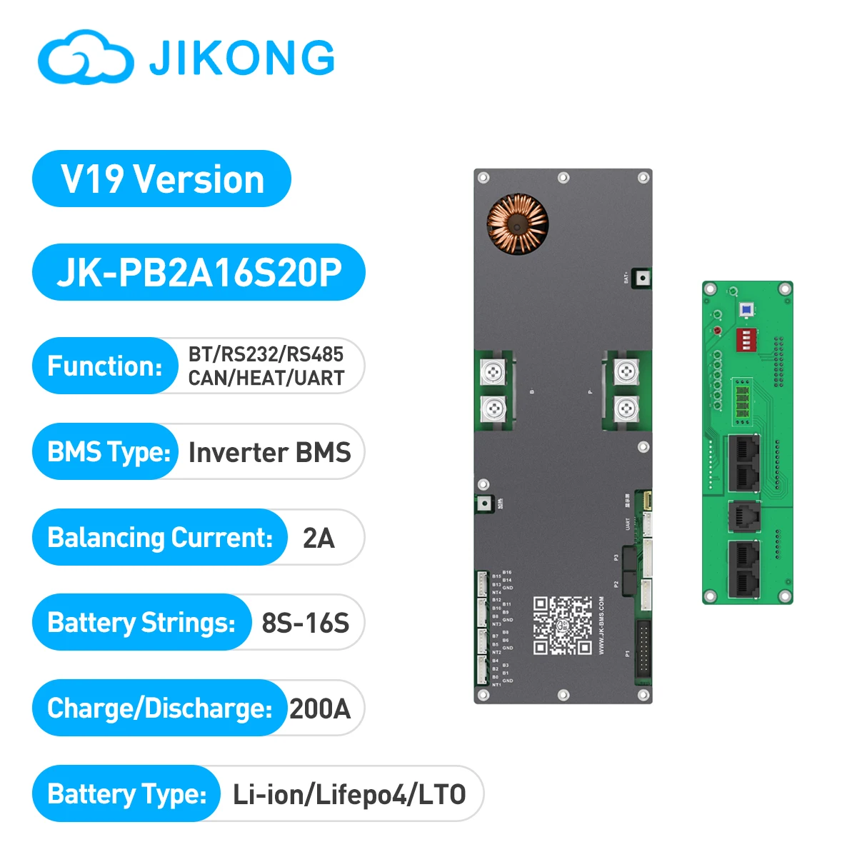 

JIKONG JK-PB2A16S20P V19 Smart BMS 8S-16S 200A Литий-ионный/ Lifepo4/LTO аккумулятор Бытовой инвертор энергии BMS Active Balancer 2A