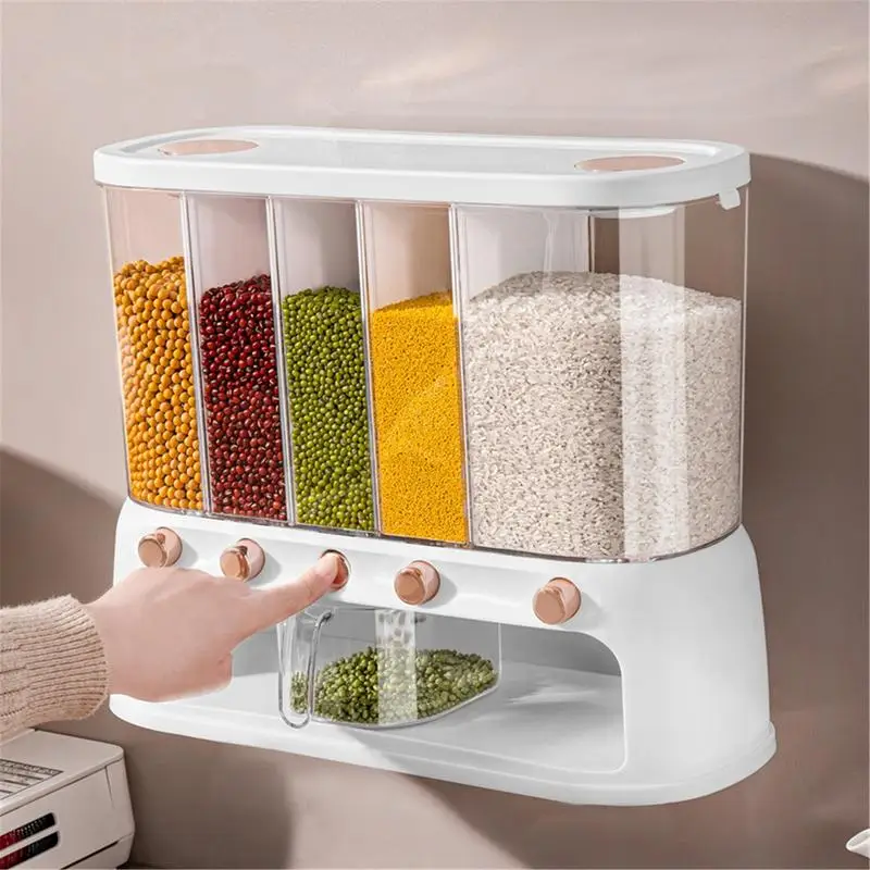 20KG Cereal Dispenser Rice Bucket Home Division Seal Kitchen Rice Storage Box Wall Mounted Dry Food Grain Dispensers Organizer