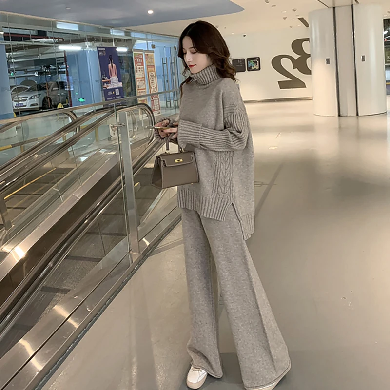 

Women Winter Sweater Sets Solid Twist Jacquard Loose Pullover Top + Rolled-up Wide-leg Pants Suits Knit Trousers 2 Piece Sets