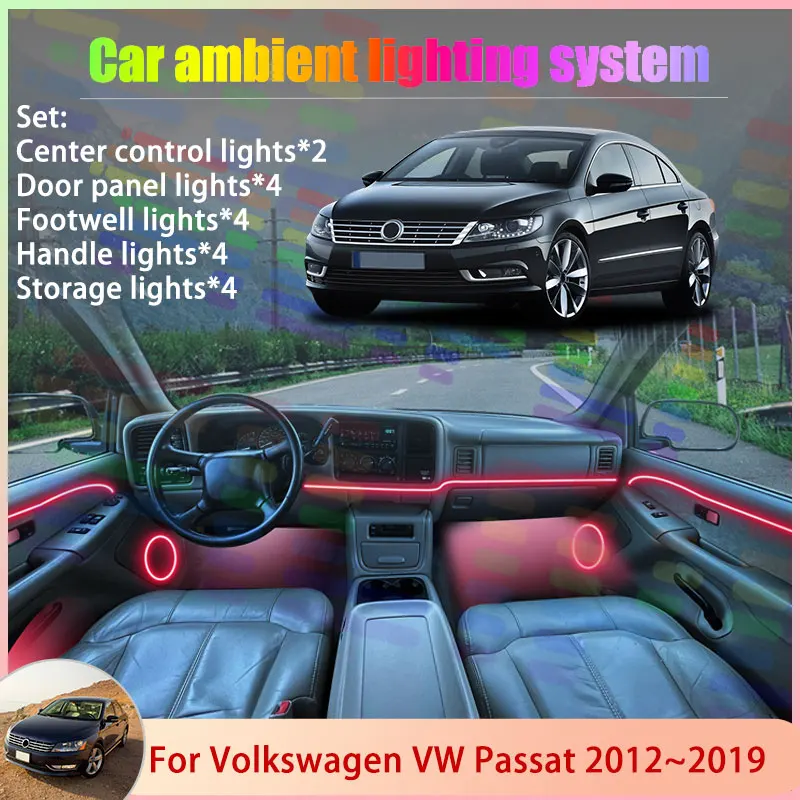 

Для Volkswagen VW Passat A32 A33 MK1 2012 ~ 2019 2/18 в 1, автомобильная атмосферная лампа, RGB абажур, ансамбль, стример, атмосферный набор