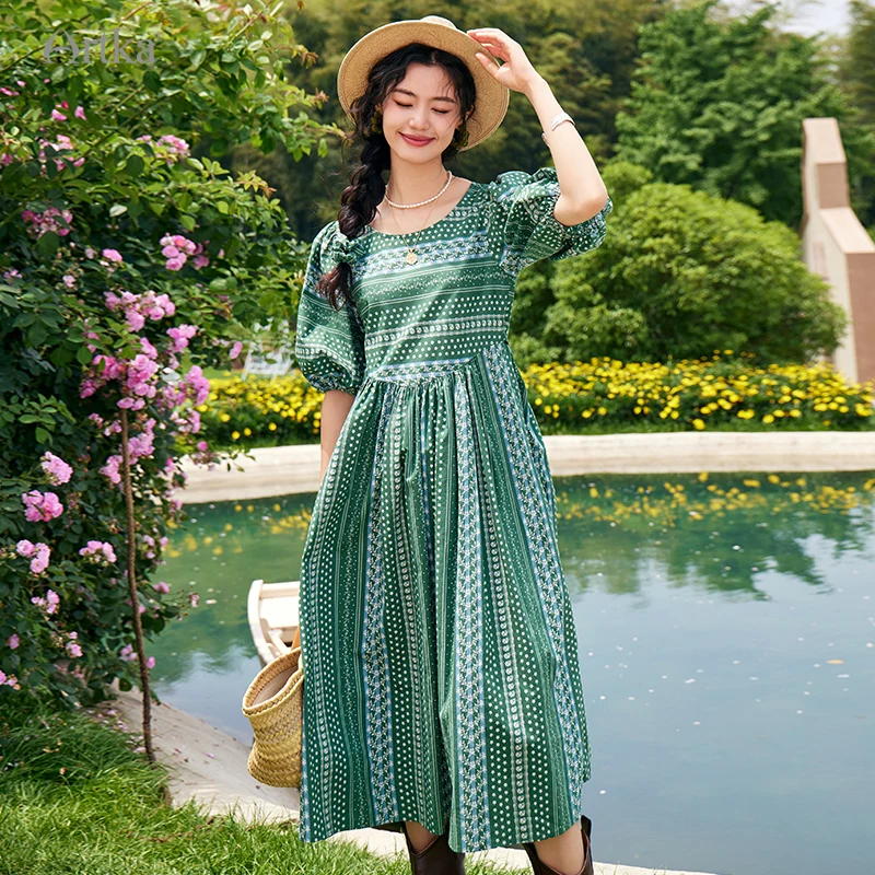 ARTKA 2023 Summer New Women Dress Bohemian Vintage Print Green Square Collar Dress Short Puff Sleeve A-line Long Dress LA92530X