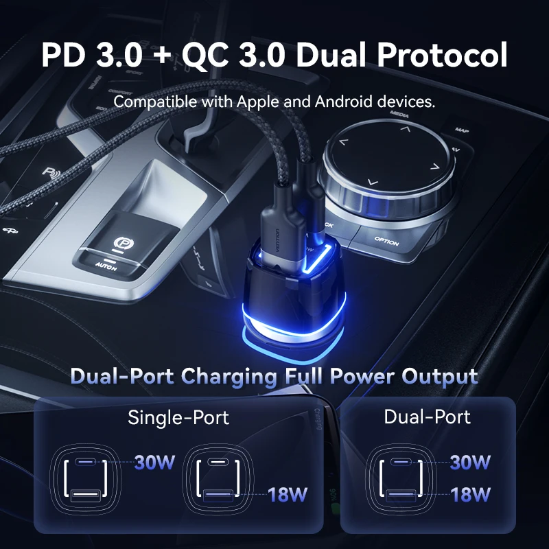 Vention USB Car Charger 48W Quick Charge QC3.0 PD Type C Fast Car USB Charger For iPhone 16 Xiaomi Mobile Phone Fast Charging