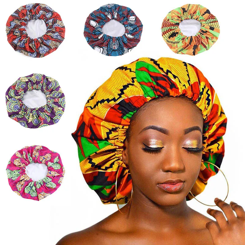 

African Pattern Print Bonnet Hijabs Hat Hair Care Bonnet Sleep Cap Double Layer Satin Turban Hair Dryer Shower Cap Exceed Large