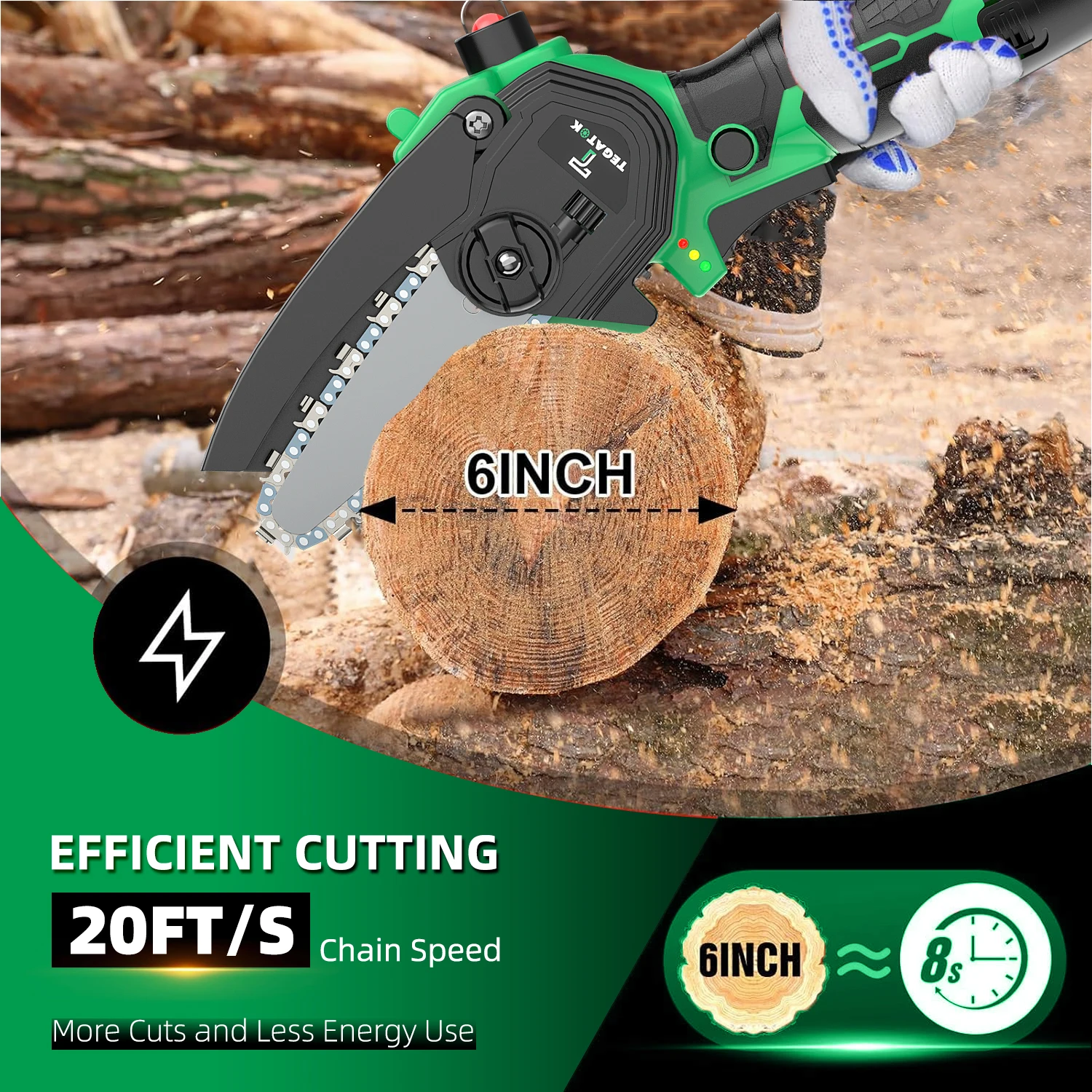 منشار Tegatik Mini Chainsaw اللاسلكي 4 بوصة منشار سلسلة قابل لإعادة الشحن مع 2 قطعة بطاريات وسلاسلين