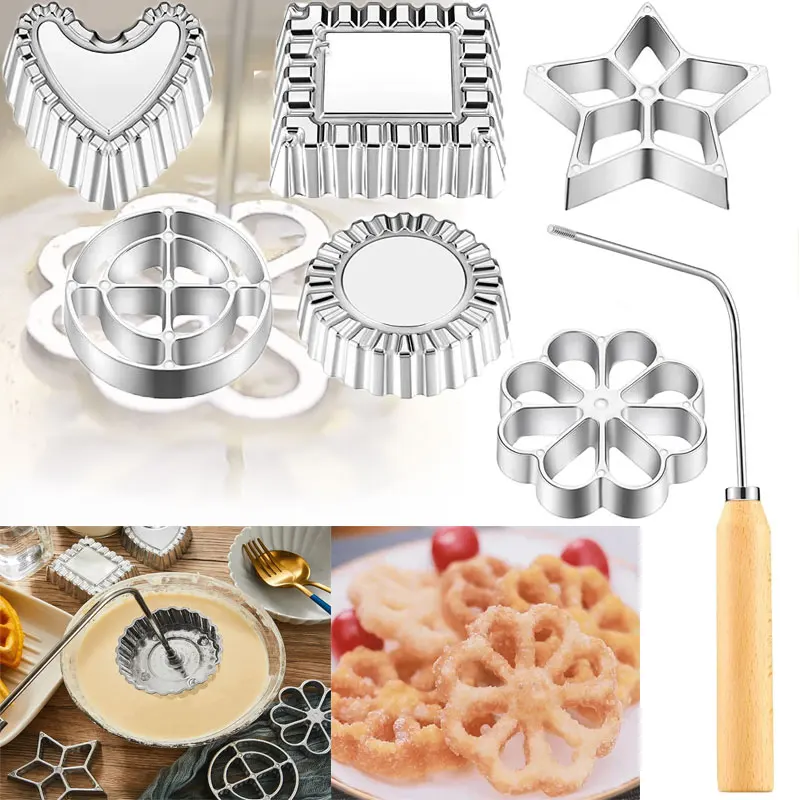 

7pcs Rosette Iron Mold Kitchen Baking Kitchen Accessories Timbale Aluminum Waffle Molds Funnel Cake Ring Maker Cookie Bake Mold