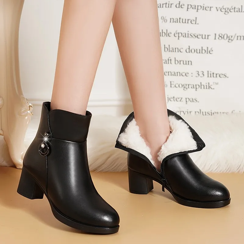 

2023 NEW Fashion Soft Leather Women Ankle Boots High Heels Zipper Shoes Warm Wool Winter Boots for Women Plus Size 35-41 Botas