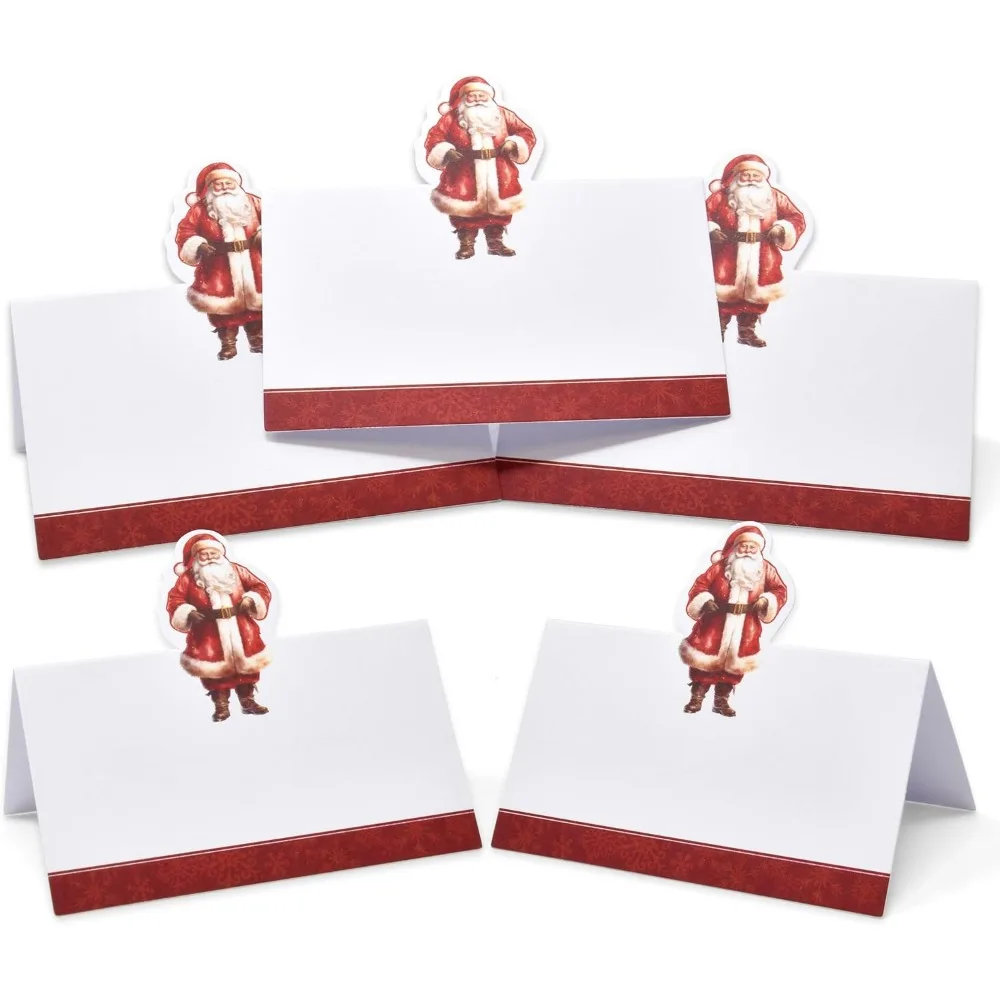 Boutique de regalo: paquete de 100 tarjetas de lugar navideñas, tarjeta de nombre para asientos navideños, troquelada, mesa de Papá Noel de Navidad, papel plegado, diez