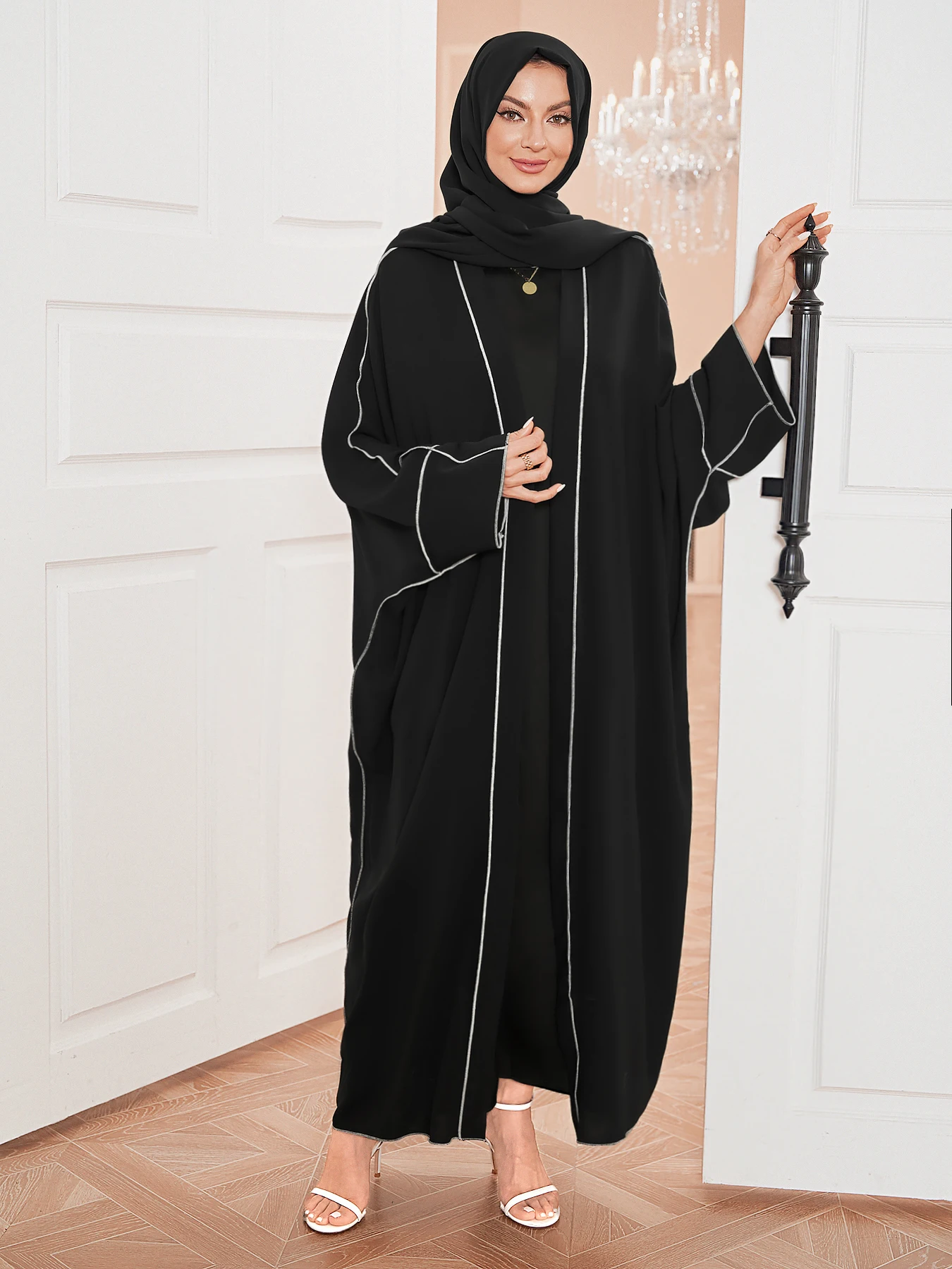 Contrat Binding Batwing Sleeve Open Front Muslim Abaya Dress With Belt With Hijab Without Inner Dress Islamic Clothing