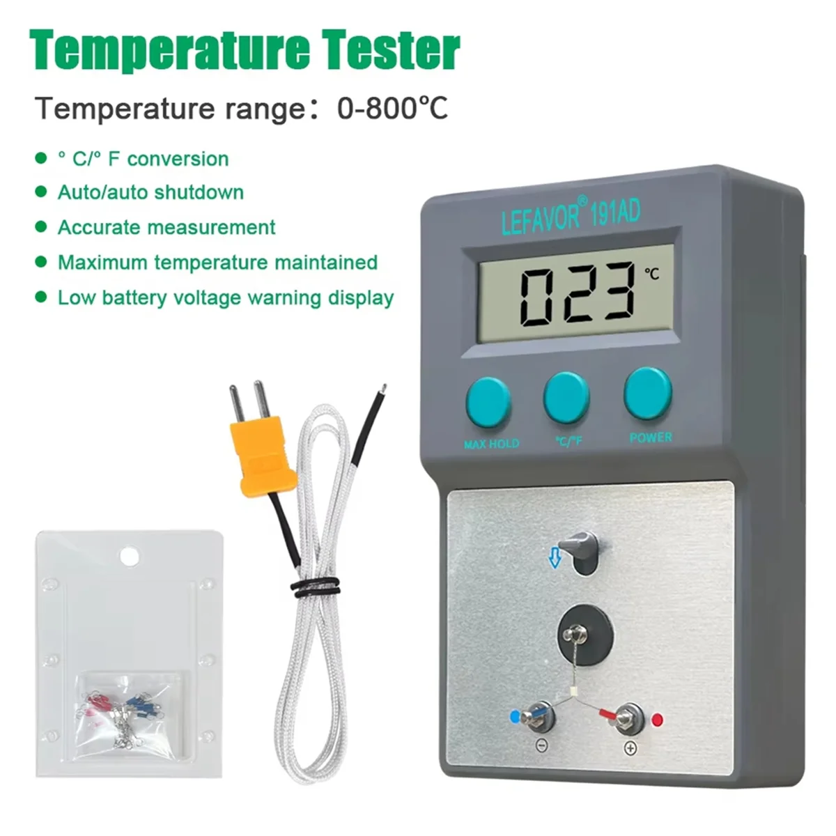 A04I LF191AD Soldering Iron Tip Thermometer Tester 0-800 C with 5 X Lead Free Sensor K Type Thermocouple C/F Switch
