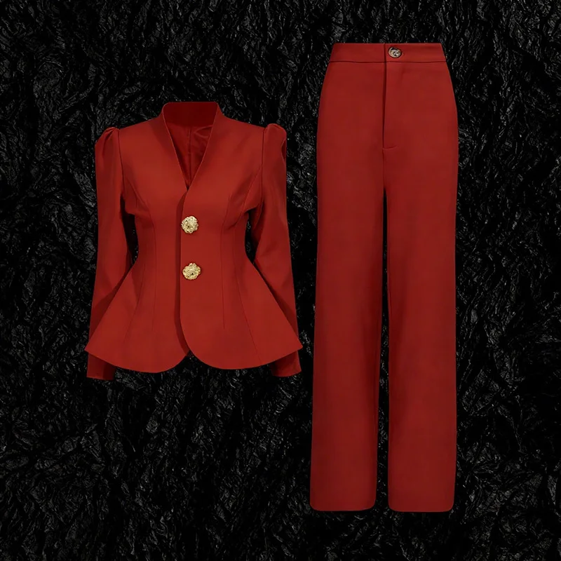 HKSH ربيع الخريف جديد المرأة قطعتين دعوى مجموعة الخامس الرقبة زرر الخصر Cinching السترة بلون مستقيم السراويل الاتجاه HK15195 #3