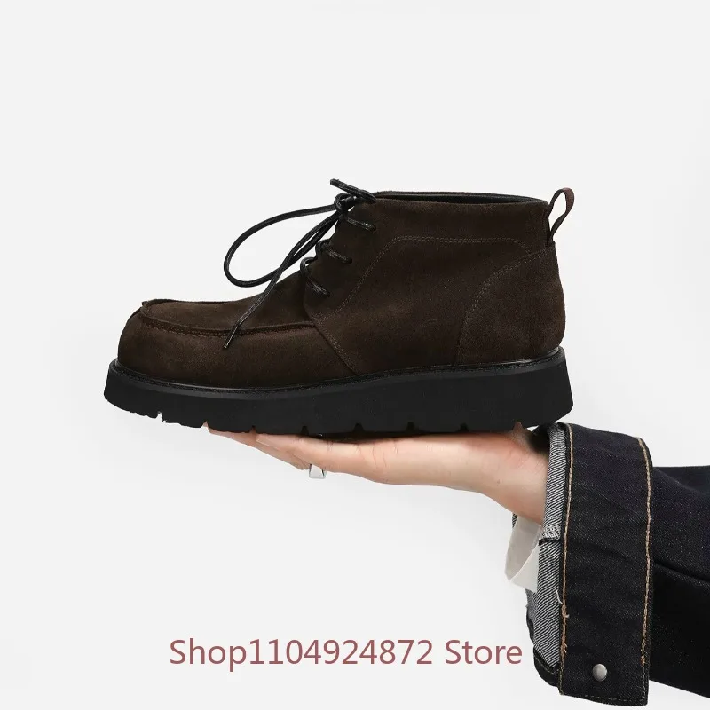 Retro High-end Cow Suede Workwear Ankle Boots Men's High Top Square Toe Derby Platform Desert Casual Male Shoes Genuine Leather