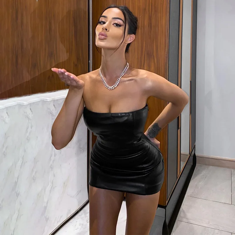 Abito estivo da donna in pelle PU senza spalline - Abito da sera snellente aderente sexy