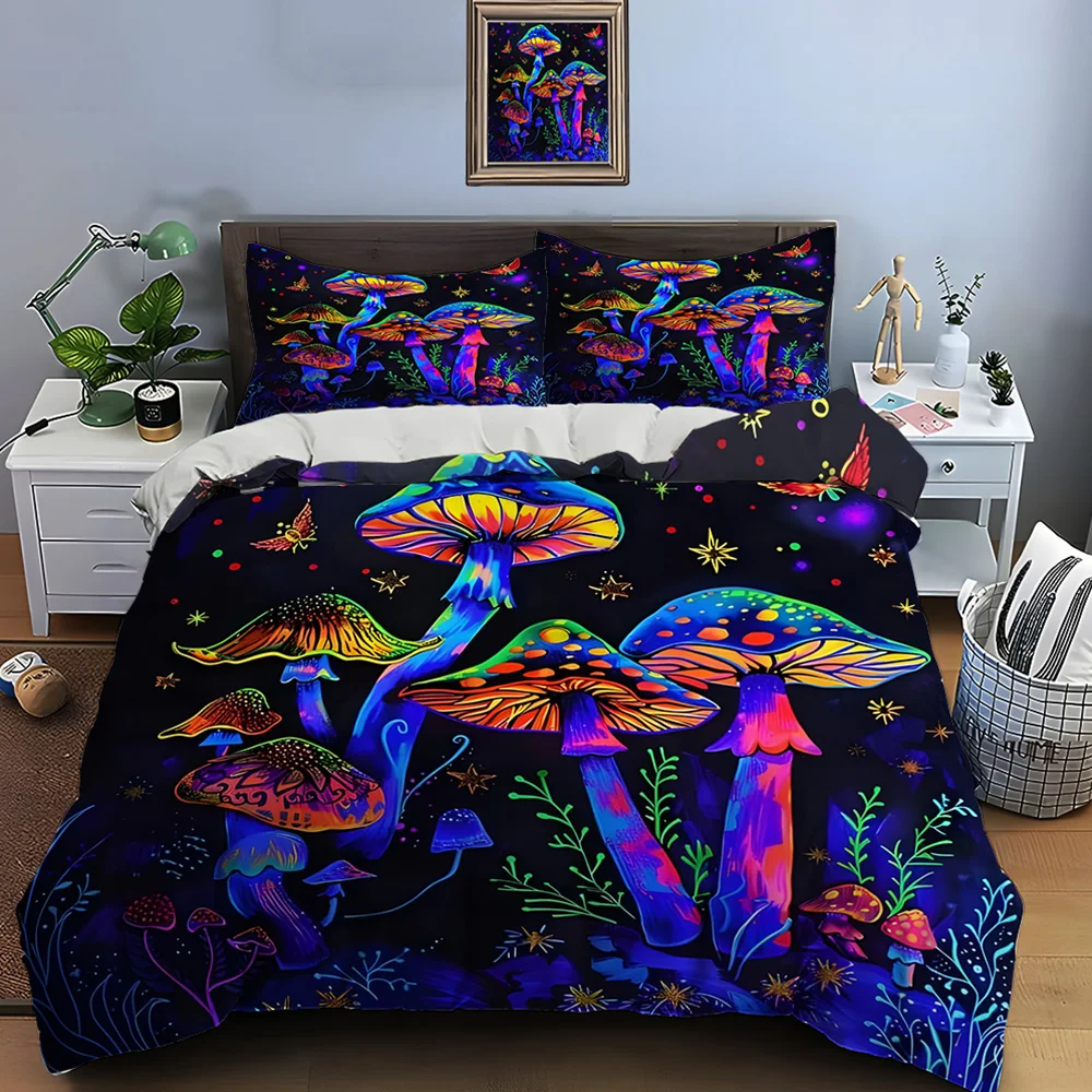 Colorful glowing mushrooms fantasy night Bedding Set for Kids Luxury Gift 3pcs Digital Print Comforter Set Soft Comfortable