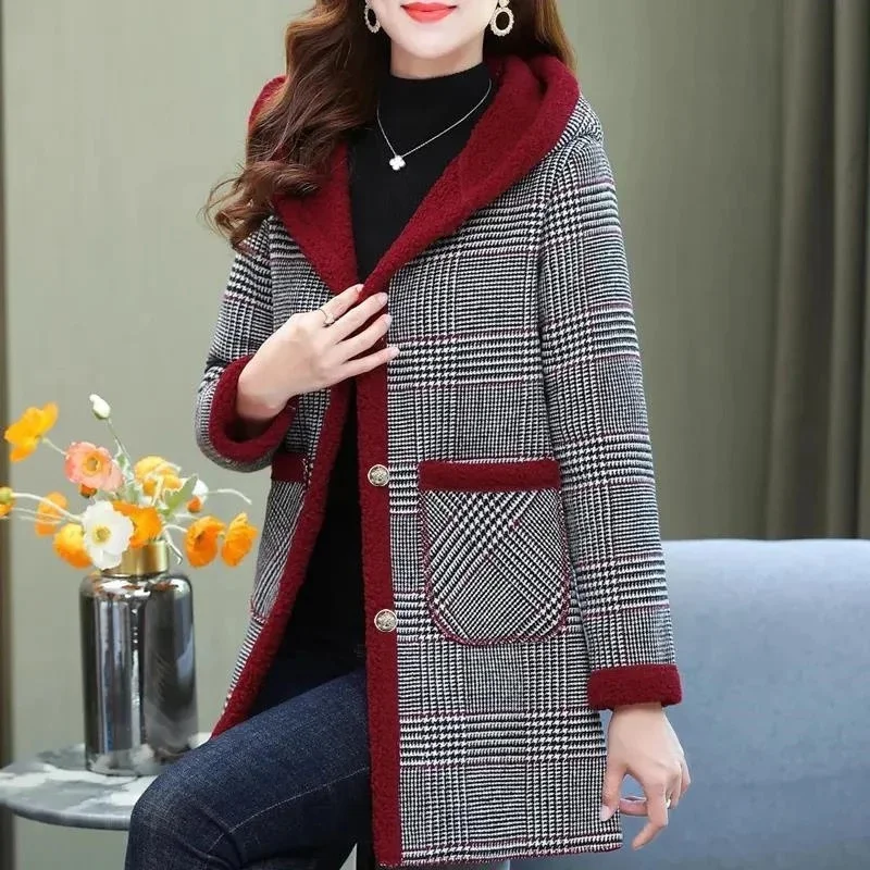 New Women Winter Jacket Fashion Plaid Long Coats Hooded Parka Overcoat Warm Woolen Blended Jacket Lady Outerwear Female Tops 5XL